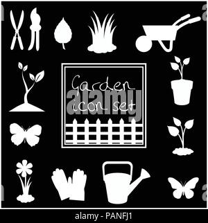 White silhouettes of garden icons set isolated on black background. Vector illustrations, icons, signs, templates for design. Stock Vector