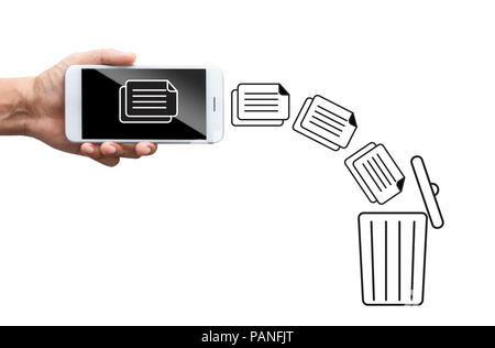 business hand throw data file from mobile to trash bin Stock Photo