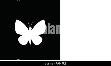 White silhouette of butterfly isolated on black background. Vector illustration, icon, sign, symbol, logo, label, template for design or tattoo. Stock Vector