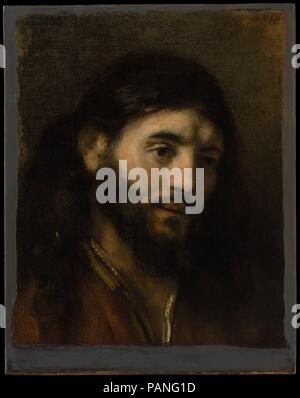 Head of Christ. Artist: Style of Rembrandt (Dutch, 1650s). Dimensions: 16 3/4 x 13 1/2 in. (42.5 x 34.3 cm); with added strips 18 5/8 x 14 5/8 in. (47.3 x 37.1 cm).  Rembrandt painted this subject a number of times; three examples, one described as "Een Christus tonie nae't leven" ("a head of Christ done from life," that is, from a model probably found in the Jewish quarter of Amsterdam), were cited in the 1656 inventory of the artist's possessions. Of the dozen bust-length portraits of Christ known today, only the small panel in Berlin is universally accepted, but several others are obviously Stock Photo