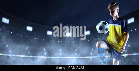 Young soccer player in unbranded cloth on the 3D soccer stadium. Crowd and stadium made in 3D Stock Photo