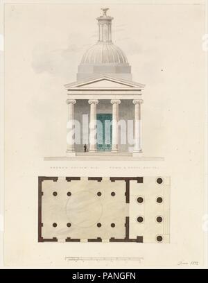 Church of the French Protestants (Eglise Français du Saint Esprit), New York (front elevation and plan). Architect: Designed by Ithiel Town (American, Thompson, Connecticut  1784-1844 New Haven, Connecticut). Artist and architect: Alexander Jackson Davis (American, New York 1803-1892 West Orange, New Jersey). Dimensions: Sheet: 11 3/4 x 8 15/16 in. (29.8 x 22.7 cm). Date: 1832.  This drawing shows the frontal elevation and floorplan of the Church of the French Protestants. The classical shape of the portico in this design may have been inspired by William and Henry William Inwood's Saint Pancr Stock Photo