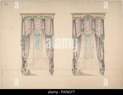 Design for Pink and White Curtains with Green Fringes, and Gold and White Pediments. Artist: Anonymous, British, 19th century. Dimensions: sheet: 10 13/16 x 15 in. (27.5 x 38.1 cm). Date: ca. 1820. Museum: Metropolitan Museum of Art, New York, USA. Stock Photo