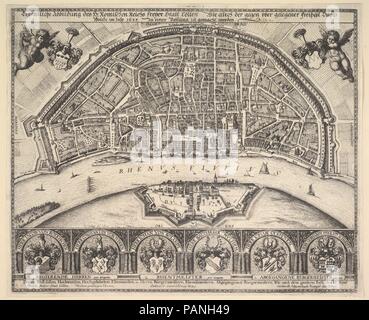 Cologne and Deutz. Artist: Wenceslaus Hollar (Bohemian, Prague 1607-1677 London). Dimensions: Plate: 10 5/16 × 12 5/8 in. (26.2 × 32.1 cm)  Sheet: 10 5/8 × 12 15/16 in. (27 × 32.9 cm). Date: 1635.  Cologne and Deutz; bird-eye view of the fortified city of Cologne and of Deutz on opposite bank of the Rhine; two putti bearing arms of the city upper corners; six compartments with coats of arms under arches. Museum: Metropolitan Museum of Art, New York, USA. Stock Photo