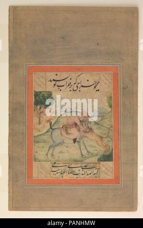 'Prince Killing a Lion', Folio from the Davis Album. Calligrapher: Ali Reza. Dimensions: Page: H. 13 1/8 in. (33.3 cm)  W. 8 9/16 in. (21.7 cm)  Painting: H. 7 7/8 in. (20 cm)  W. 6 1/4  in. (15.9 cm)  Mat: H. 19 1/4 in. (48.9 cm)  W. 14 1/4 in. (36.2 cm). Date: 17th century.  This dramatic scene depicts a prince stabbing a wounded lion as his horse sinks its teeth into the lion's neck. On the basis of the tightly wound turban with a thick bulge in front and a fanned end with flowers on a gold ground the painting can be dated to the 1690's or early eighteenth century.  A signature would have a Stock Photo