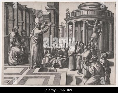 Saint Paul preaching in Athens, after Raphael. Artist: Marcantonio Raimondi (Italian, Argini (?) ca. 1480-before 1534 Bologna (?)); After Raphael (Raffaello Sanzio or Santi) (Italian, Urbino 1483-1520 Rome). Dimensions: 10 3/8 x 14 1/16 in.  (26.3 x 35.7 cm). Date: ca. 1517-20. Museum: Metropolitan Museum of Art, New York, USA. Stock Photo