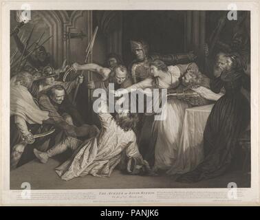 Mary, Queen of Scots witnessing the murder of David Rizzio. Artist: After John Opie (British, St. Agnes, Cornwall 1761-1807 London). Dimensions: Sheet: 19 3/4 × 25 1/16 in. (50.2 × 63.6 cm). Engraver: Isaac Taylor, Jr. (British, 1759-1829). Published in: London. Publisher: John & Josiah Boydell (British, 1786-1804). Sitter: Mary, Queen of Scots (Linlithgow 1542-1587 Fotheringhay, England). Date: January 1, 1791.  In a dramatic night-time scene, Mary Queen of Scots attempts to save her Italian musician Rizzio, who is being attacked by men sent by her husband Lord Darnley. The print won a gold m Stock Photo