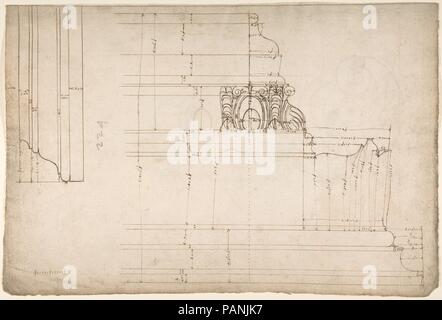 St Peter's, cornice, exterior, profile (recto) Unidentified, moulding, elevation; Unidentified structure, plan  (verso). Dimensions: sheet: 16 15/16 x 9 5/8 in. (43 x 24.5 cm). Draftsman: Drawn by Anonymous, French, 16th century. Date: early to mid-16th century. Museum: Metropolitan Museum of Art, New York, USA. Stock Photo