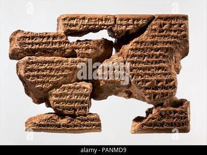 Cuneiform tablet: letter of Sin-sharra-ishkun to Nabopolassar. Dimensions: 4.82 x 2.37 x 1.32 in. (12.24 x 6.02 x 3.35 cm). Date: ca. 2nd century B.C..  This tablet is a later copy of a letter from the last days of the Assyrian empire. In it, the last Assyrian king, Sin-sharra-ishkun, appears to reach out to the Babylonian king Nabopolassar, recognizing the latter's rule and pleading to retain his own kingdom. The letter represents a great reversal in fortunes: despite frequent rebellions, Babylonia had for centuries been held under Assyrian rule, and at the beginning of his reign Sin-sharra-i Stock Photo