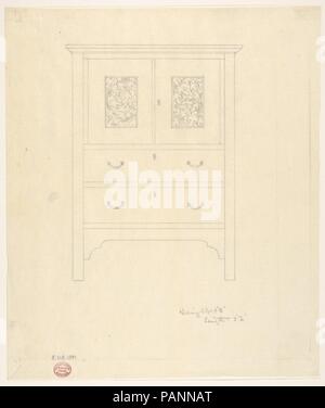 Outline Drawing of 'Sassafras Linen Press'. Artist: Byrdcliffe Arts and Crafts Colony (American, 1902-1915); Ralph Radcliffe Whitehead (American (born England), Yorkshire 1854-1929 Santa Barbara, California). Dimensions: sheet: 10 11/16 x 9 3/16 in. (27.2 x 23.3 cm). Date: 1904.  Inspired by the ideas of the Arts and Crafts Movement, the Englishman Ralph Whitehead, who had studied under John Ruskin at Oxford, sought to establish his own ideal, self-sustaining art community in the United States. After a failed experiment in Oregon, in 1902 he founded the Byrdcliffe Arts and Crafts Colony right 