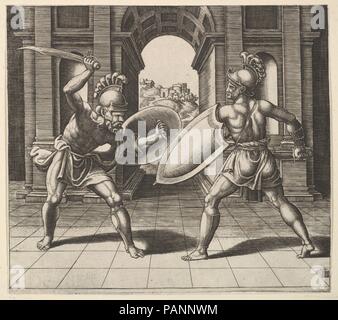 Two gladiators fighting in front of an arch. Artist: After Giulio Romano (Italian, Rome 1499?-1546 Mantua); Master of the Die (Italian, active Rome, ca. 1530-60). Dimensions: sheet: 8 1/16 x 9 1/16 in. (20.5 x 23 cm). Date: 1530-60. Museum: Metropolitan Museum of Art, New York, USA. Stock Photo