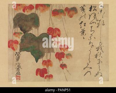 Autumn Ivy. Artist: Ogata Kenzan (Japanese, 1663-1743). Culture: Japan. Dimensions: Image: 8 3/8 x 10 7/8 in. (21.3 x 27.6 cm)  Overall: 44 7/8 x 22 1/4 in. (114 x 56.5 cm). Date: after 1732.  Although ceramics were his forte, Kenzan occasionally tested his skills as a painter, and there is a rugged energy to his works on paper that effectively complements his idiosyncratic, expressive calligraphy. This image recalls a famous episode from the tenth-century Ise Stories (Ise monogatari) in which the protagonist encounters an itinerant monk along an ivy-strewn path on Mount Utsu.  Kenzan's freely Stock Photo