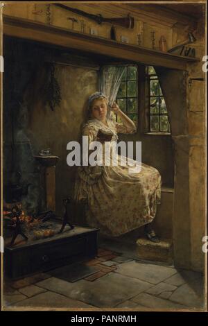 A Cosey Corner. Artist: Frank Millet (1846-1912). Dimensions: 36 1/4 x 24 1/4 in. (92.1 x 61.6 cm). Date: 1884.  Millet, who specialized in American and English costume genre paintings, first visited Broadway, the picturesque Cotswolds village, in 1884. His home and studio there would become the center of an Anglo-American artists colony to which John Singer Sargent and Henry James were frequent visitors. The costume of the figure reading in 'A Cosey Corner' is a romantic re-creation of several different English eighteenth-century fashions, and the interior architecture also seems English. Sev Stock Photo