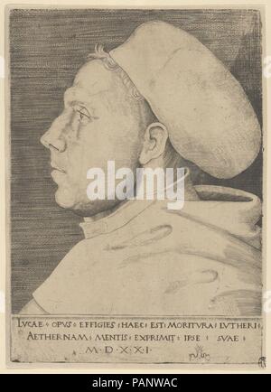 Luther as an Augustinian Friar, with Cap. Artist: Lucas Cranach the Elder (German, Kronach 1472-1553 Weimar). Dimensions: Sheet: 8 7/16 × 5 5/8 in. (21.5 × 14.3 cm)  Plate: 8 3/16 × 5 13/16 in. (20.8 × 14.8 cm). Date: 1521. Museum: Metropolitan Museum of Art, New York, USA. Stock Photo