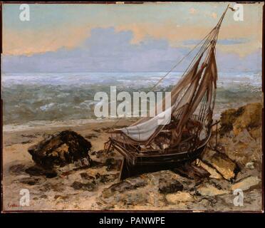 The Fishing Boat. Artist: Gustave Courbet (French, Ornans 1819-1877 La Tour-de-Peilz). Dimensions: 25 1/2 x 32 in. (64.8 x 81.3 cm). Date: 1865.  Courbet painted this work during an intensely productive visit to Trouville with James McNeill Whistler from September until November 1865; in a letter to his father, the artist boasted that he had executed 'thirty-five paintings' in a very short time, which 'stunned everybody.' In his choice of subject, Courbet followed in the wake of Eugène Isabey, Johan Barthold Jongkind, and Eugène Boudin; but unlike many of the canvases executed at the time, thi Stock Photo