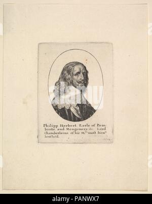 Philipp Herbert, Earl of Pembroke. Artist: Wenceslaus Hollar (Bohemian, Prague 1607-1677 London). Dimensions: Plate: 3 7/8 × 2 15/16 in. (9.9 × 7.5 cm)  Sheet: 7 3/16 × 5 11/16 in. (18.3 × 14.4 cm). Sitter: Philip Herbert, 4th Earl of Pembroke (British, 1584-1650). Date: 1625-77.  Portrait bust to right, looking to front, with shoulder-length wavy hair; wearing a wide collar trimmed with scalloped lace and order suspended from a ribbon around his neck; in an oval; after Anthony van Dyck. Museum: Metropolitan Museum of Art, New York, USA. Stock Photo
