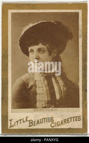 Minnie Palmer (portrait of bust), from the Actresses and Celebrities series (N60, Type 1) promoting Little Beauties Cigarettes for Allen & Ginter brand tobacco products. Dimensions: Sheet: 2 3/8 × 1 1/2 in. (6 × 3.8 cm). Publisher: Issued by Allen & Ginter (American, Richmond, Virginia). Date: 1887.  Trade cards from the 'Actresses and Celebrities' series (N60), issued in 1887 to promote Little Beauties Cigarettes distributed by Allen & Ginter. There are two types of cards in the set. Type 1 cards have the brand name printed on front and Type 2 cards do not. Museum: Metropolitan Museum of Art,