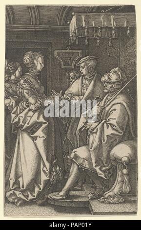 Potiphar's Wife Accusing Joseph, from The Story of Joseph. Artist: Heinrich Aldegrever (German, Paderborn ca. 1502-1555/1561 Soest). Dimensions: Sheet: 4 11/16 × 3 1/16 in. (11.9 × 7.7 cm). Date: 1532.  At left, Potiphar's wife seen in profile, addressing her husband, who is seated at right. Joseph is seen between the two figures, standing behind Potiphar and facing left. Based on Genesis 39:17. Plate 3 from a series of three engravings. Museum: Metropolitan Museum of Art, New York, USA. Stock Photo