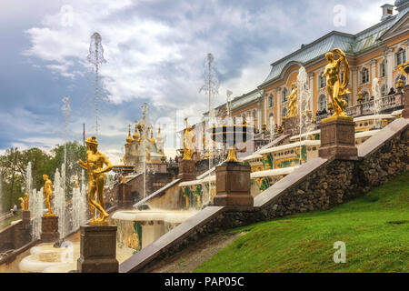 SAINT PETERSBURG, RUSSIA - MAY 16, 2018: Skyline at lower garden and Grand Cascade fountain of Peterhof Palace, Saint Petersburg, Russia Stock Photo