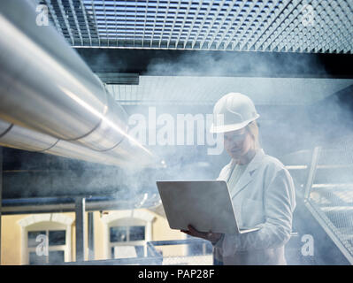 Female technician working on pipeworks, using laptop Stock Photo