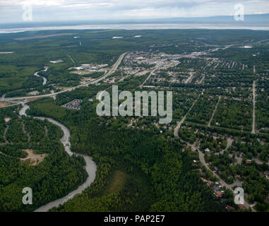 Eagle River, Alaska. Aerial View. Looking NW towards Wasilla and the Knik Arm. Glenn Highway and Downtown. Eagle River is part of Anchorage. JBER Stock Photo