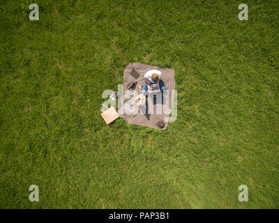 Bird's eye view of woman sitting on blanket on meadow with dog using laptop Stock Photo