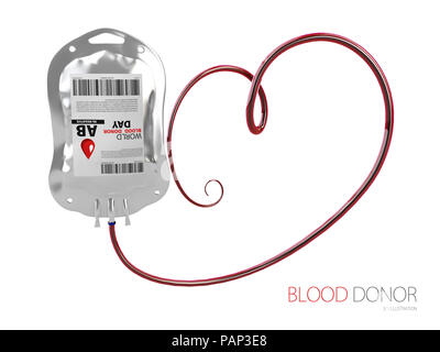 Donate blood concept with Blood Bag and heart. 3d Illustration. Stock Photo