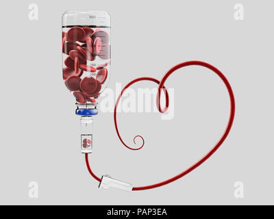 Donate blood concept with Blood Bag and heart. 3d Illustration. Stock Photo