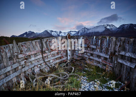 Argentina, Tierra del Fuego, Ushuaia, ship wrack at sunrise Stock Photo