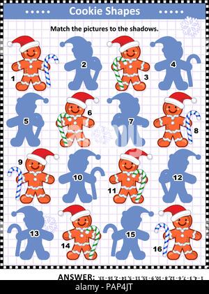 Christmas or New Year themed visual puzzle: Match the pictures of ginger men cookies to their shadows. Answer included. Stock Vector