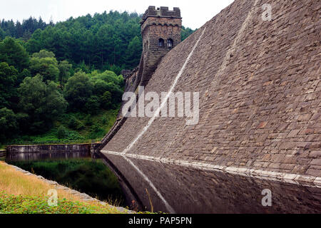 Base of the Derwent Reservoir Dam and West Tower in the Derbyshire Peak District July 2018 Stock Photo