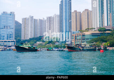 Boats docked and anchored at Aberdeen floating village Stock Photo