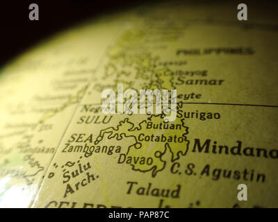 World Globe Geographical Closeup, With Davao and Mindanao Region of Philippines Stock Photo
