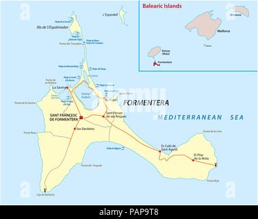 formentera road and beach vector map. Stock Vector