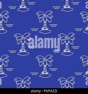 Seamless pattern with palm trees, coconuts and waves. Design for postcard, invitation, banner. Stock Vector
