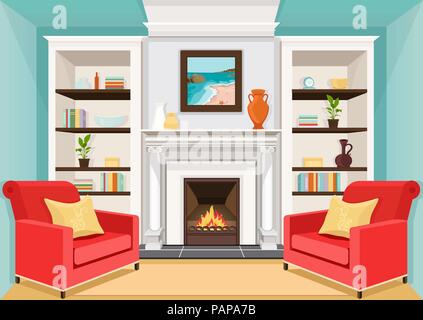 Room with fireplace, flat interior, colorful drawing, vector illustration. living room with burning fire, cabinets with vases, books and potted plants Stock Vector