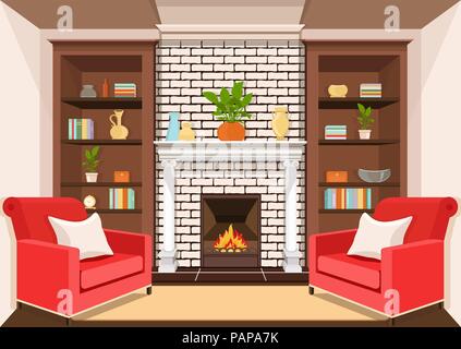 Room with fireplace, flat interior, colorful drawing, vector illustration. living room with burning fire, cabinets with vases, books and potted plants Stock Vector