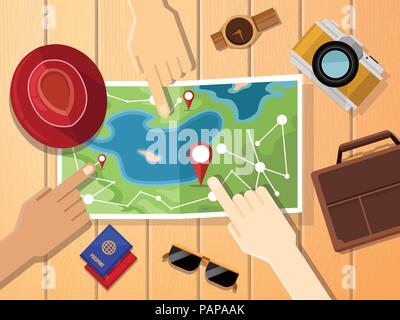 Hands of travelers pointing at map for planing trip. Bag, passports, camera ,hat and sunglasses is all you need for traveling concept. Eps vector illustration Stock Vector