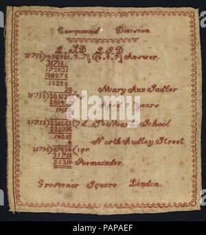 Sampler with compound division equation. Culture: British, London. Dimensions: H. 6 3/8 x W. 6 3/4 inches (16.2 x 17.1 cm). Maker: Mary Ann Sadler. Date: mid-19th century.  We may never know what inspired nine-year-old Mary Ann Sadler to convert her mathematics equation into embroidered form. The problem is worked on the basis of the British monetary system using British pounds, shillings, pence (pennies) and farthings. Mary Ann was a student at St. Mark's School, which was located next to St. Marks's church on North Audley Street off of Grosvenor Square, near Hyde Park. The school opened in 1 Stock Photo