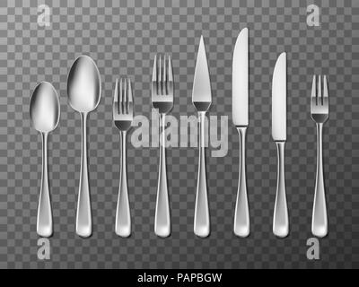 Steel Cutlery, knife, fork and spoon in realistic style. Cutlery set design isolated. Vector illustration Stock Vector