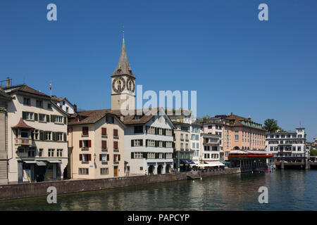 Famous view of various houses and churches in the old town part of Zurich. Zurich is the biggest city in Switzerland. Stock Photo