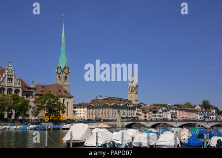 Famous view of various houses and churches in the old town part of Zurich. Zurich is the biggest city in Switzerland. Stock Photo