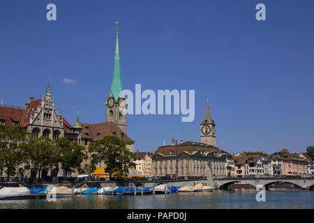 Famous view of various houses and churches in the old town part of Zurich. Zurich is the biggest city in Switzerland. Stock Photo