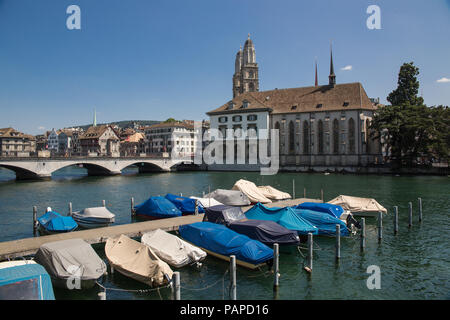 Famous view of various houses and churches in the old town part of Zurich. Zurich is the biggest city in Switzerland. Stock Photo