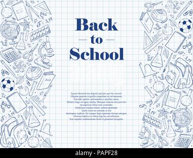 Hand drawn school objects in vertical composition. Vector illustration of school accessories ihand drawn on notepad sheet. Back to school poster on no Stock Vector