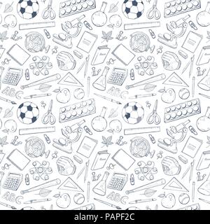 School doodle background. Vector seamless pattern from school elements hand drawn on white background. Back to school backdrop in sketch style. Stock Vector