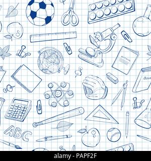 School doodle background. Vector seamless pattern from school elements hand drawn on notebook sheet. Back to school backdrop in sketch style. Stock Vector