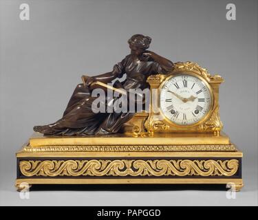 Mantel clock (pendule de chiminée). Culture: French, Paris. Dimensions: Overall: 19 × 27 1/2 × 11 in. (48.3 × 69.9 × 27.9 cm). Maker: Movement by the workshop of Julien Le Roy (French, Tours 1686-1759 Paris); Case maker: Joseph Baumhauer (French, active ca. 1749-72). Modeler: Bronze figure from a model by Laurent Guiard (1723-1788). Date: ca. 1757-60.  Laurent Guiard provided the model for the figure titled 'Time's Employment' adorning this clock. The design proved to be among the most popular in eighteenth-century France. One of the most inventive clockmakers of the time, and clockmaker to Lo Stock Photo
