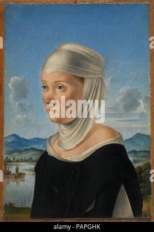 Portrait of a Woman, Possibly a Nun of San Secondo; (verso) Scene in Grisaille. Artist: Jacometto (Jacometto Veneziano) (Italian, active Venice by ca. 1472-died before 1498). Dimensions: Overall 4 x 2 7/8 in. (10.2 x 7.3 cm); recto and verso, painted surface 3 3/4 x 2 1/2 in. (9.5 x 6.4 cm). Date: ca. 1485-95.  This exquisite and enigmatic portrait and its pendant (1975.1.86) are most likely the works by the Venetian painter and illuminator Jacometto, recorded by the connoisseur Marcantonio Michiel in the collection of a Venetian patrician in 1543. Michiel, who praised them as 'a most perfect  Stock Photo