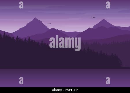 Mountain landscape with forest and hill on the shore of the lake, under morning or evening purple sky - vector Stock Vector